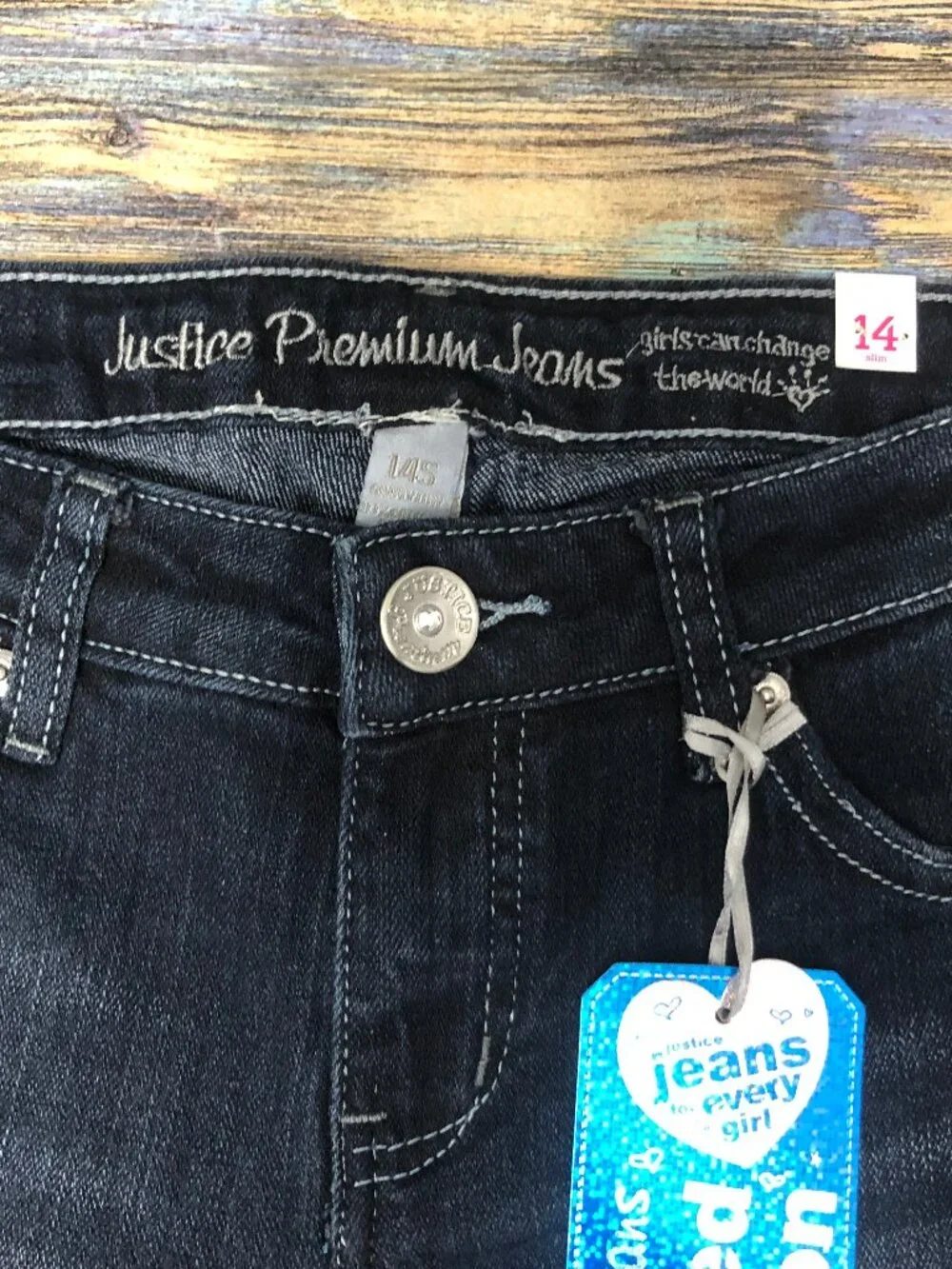 Justice Premium Jeans Girls Size 14S Slim Faux Rhinestones Embellished